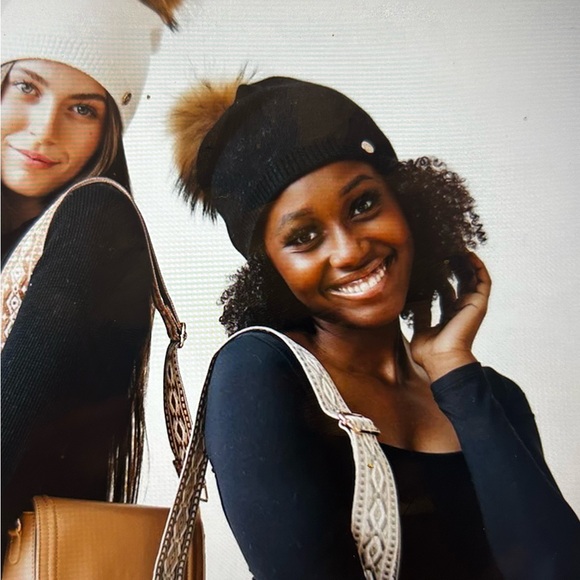 Fine Knit Fur Pom Slouchy Beanie in Black - Picture 2 of 2